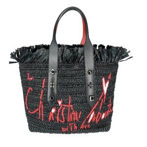 Christian Louboutin Frangibus Embroidered Logo Spike Studded Raffia Black Tote